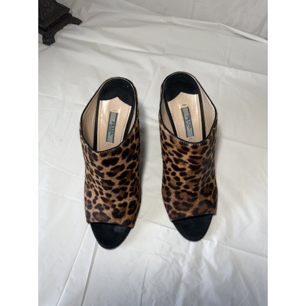 PRADA St Leopardo Miele Moro Leopard Calf Hair Wedge Slides - Picture 4 of 16
